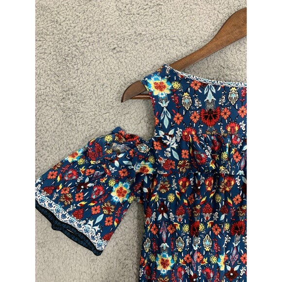 Women's Small (S) Fever Cold Shoulder Colorful Floral Blue Orange Red Blouse Top - Picture 5 of 16